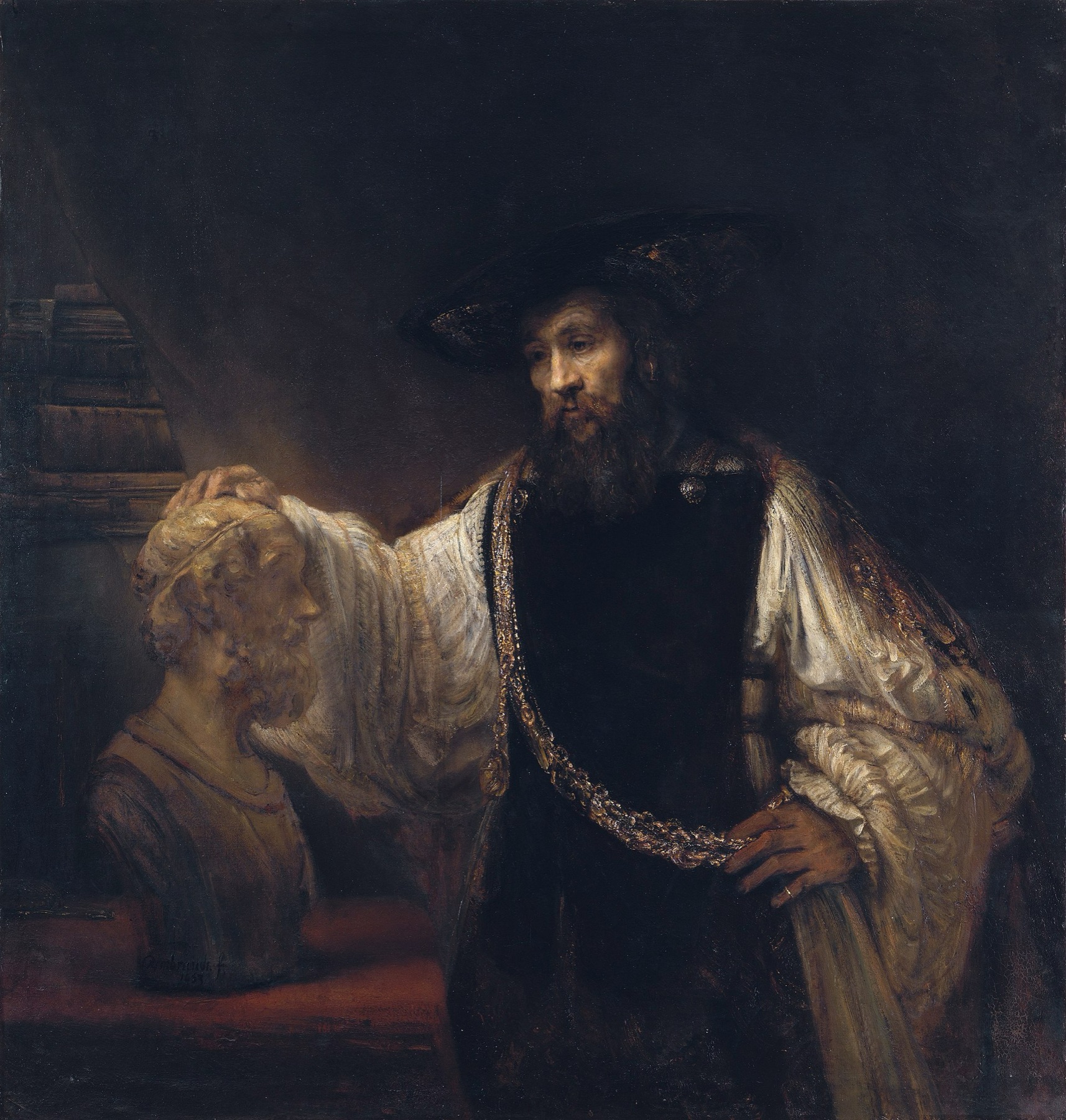 Aristotle with a Bust of Homer, Rembrandt, 1653 — a philosopher rests his hand on the marble bust of a poet.