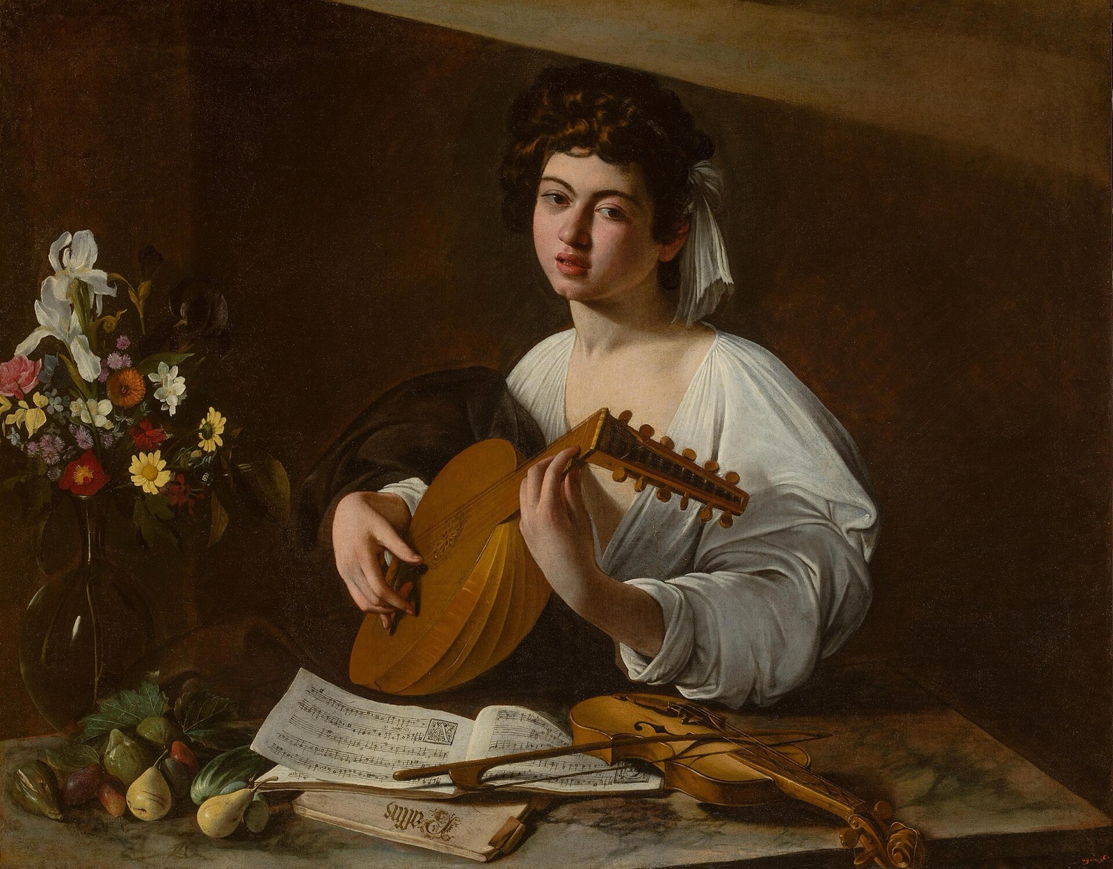 The Lute Player, Caravaggio, c.1596 — a young musician plays a lute, sheet music and a violin on the table, a vase of flowers beside him.
