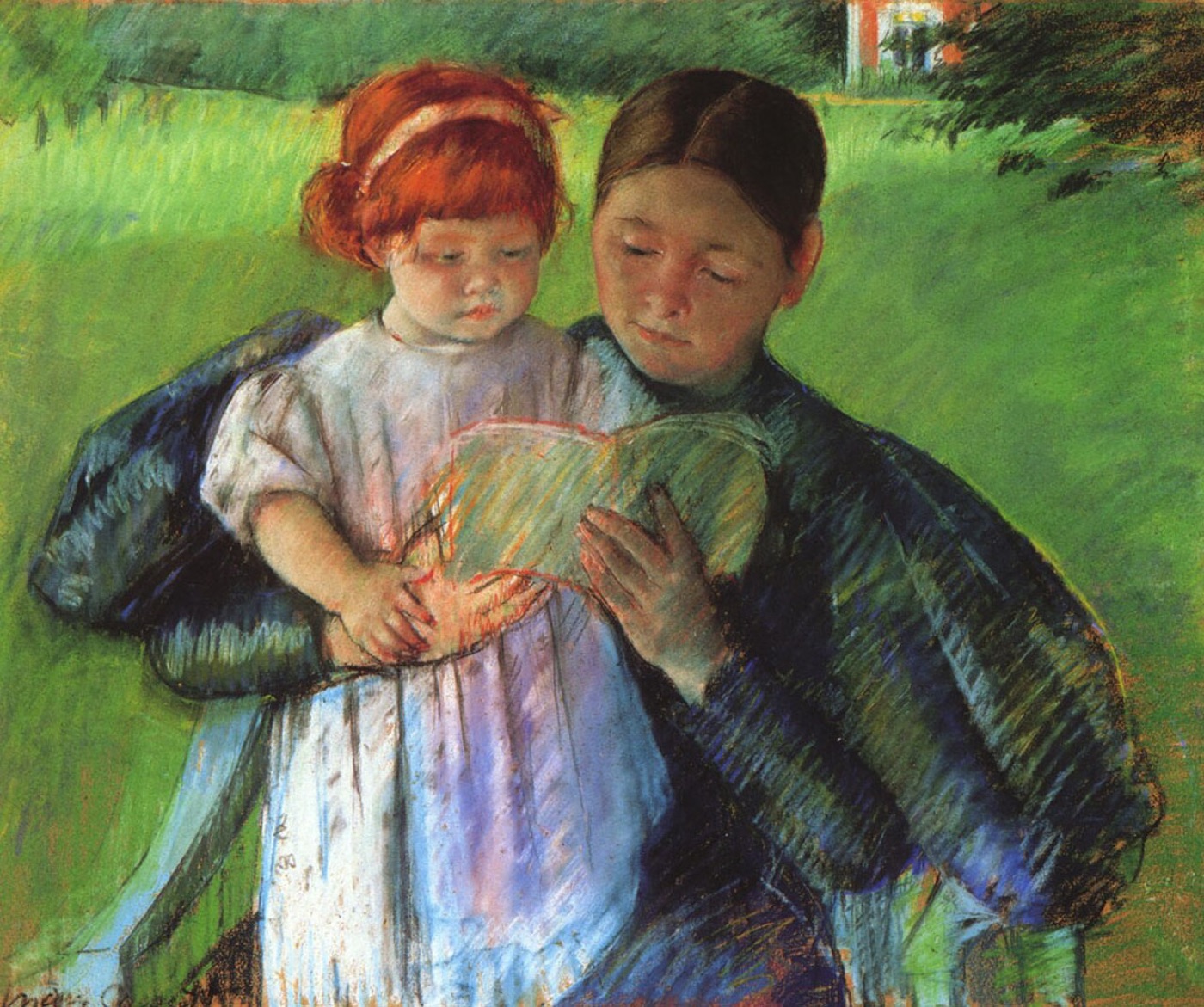Nurse Reading to a Little Girl, Mary Cassatt, 1895 — a young woman reads a green book aloud to a red-haired child leaning in to see the page.