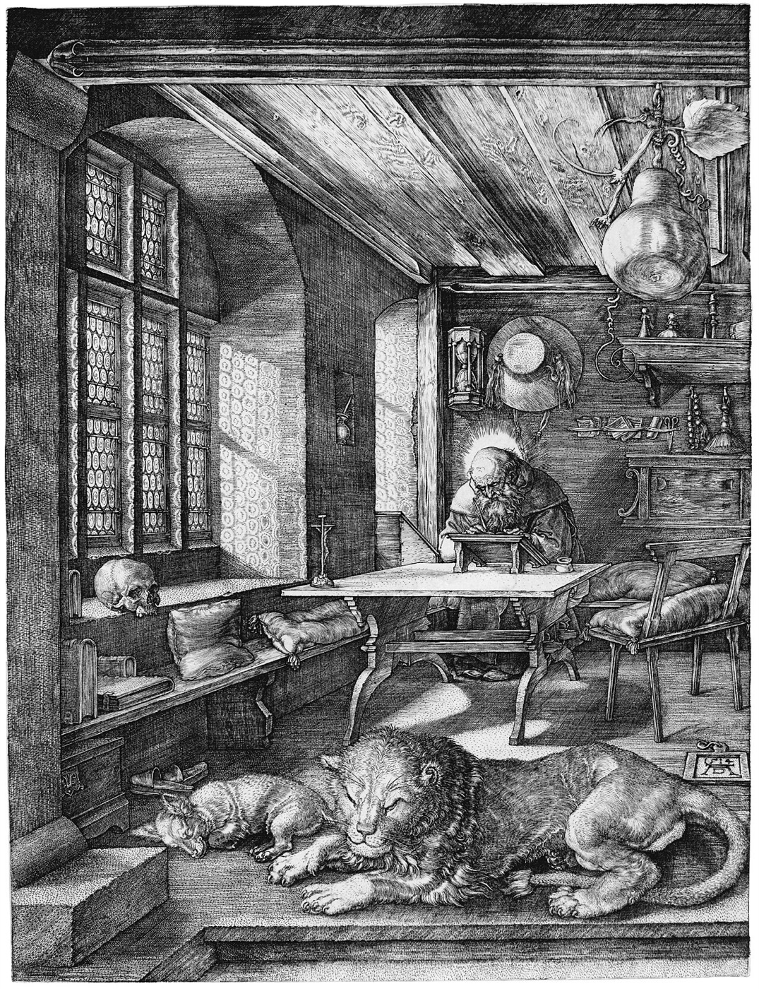 Saint Jerome in His Study, Albrecht Dürer, 1514 — a scholar at his writing desk in a sun-filled study, a lion and a small dog resting in the foreground.