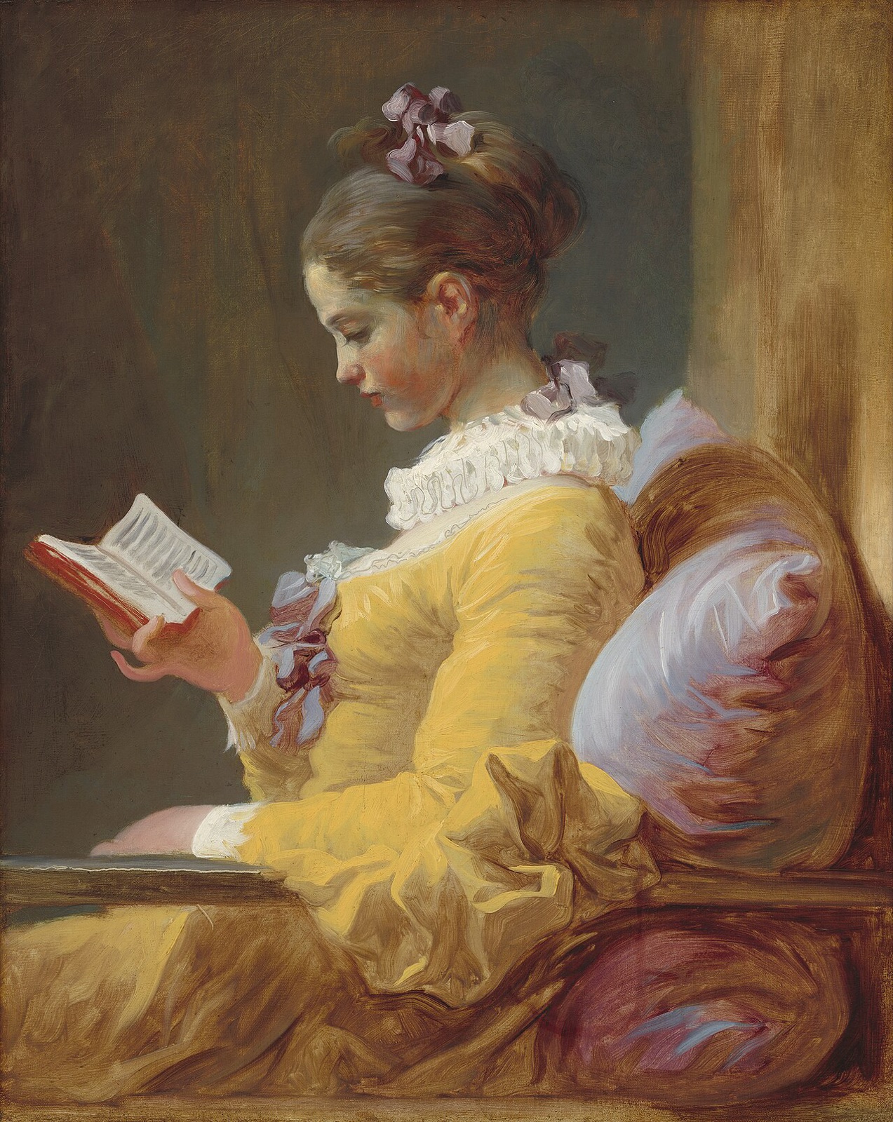 A Young Girl Reading, Jean-Honoré Fragonard, c.1770 — a young woman absorbed in a small book, wearing a saffron dress.