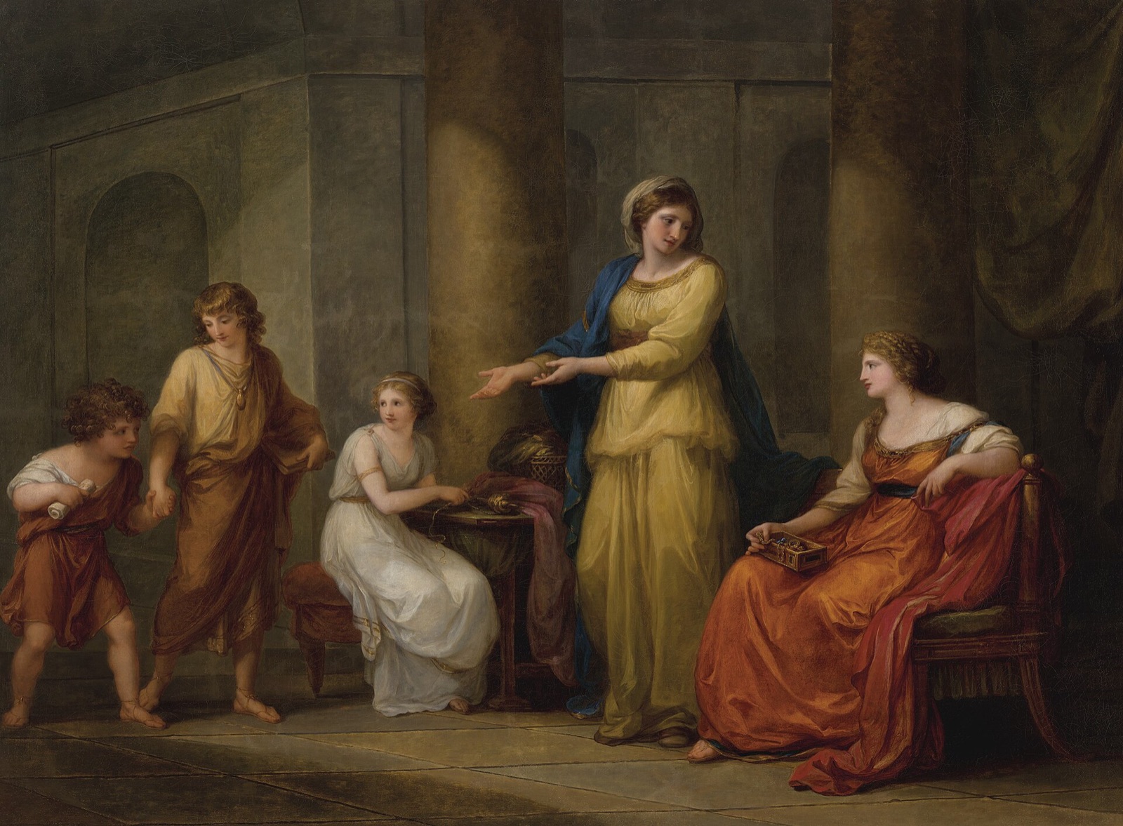 Cornelia, Mother of the Gracchi, by Angelica Kauffman, 1785 — a Roman matron gestures toward her two sons, saying 'these are my jewels.'