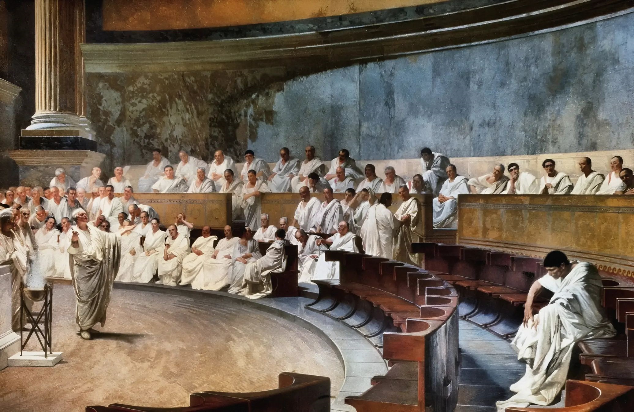 Cicero Denounces Catiline in the Roman Senate, Cesare Maccari, 1889 — Cicero stands before the assembled Senate, addressing his fellow senators as they listen, some visibly troubled by his accusation.