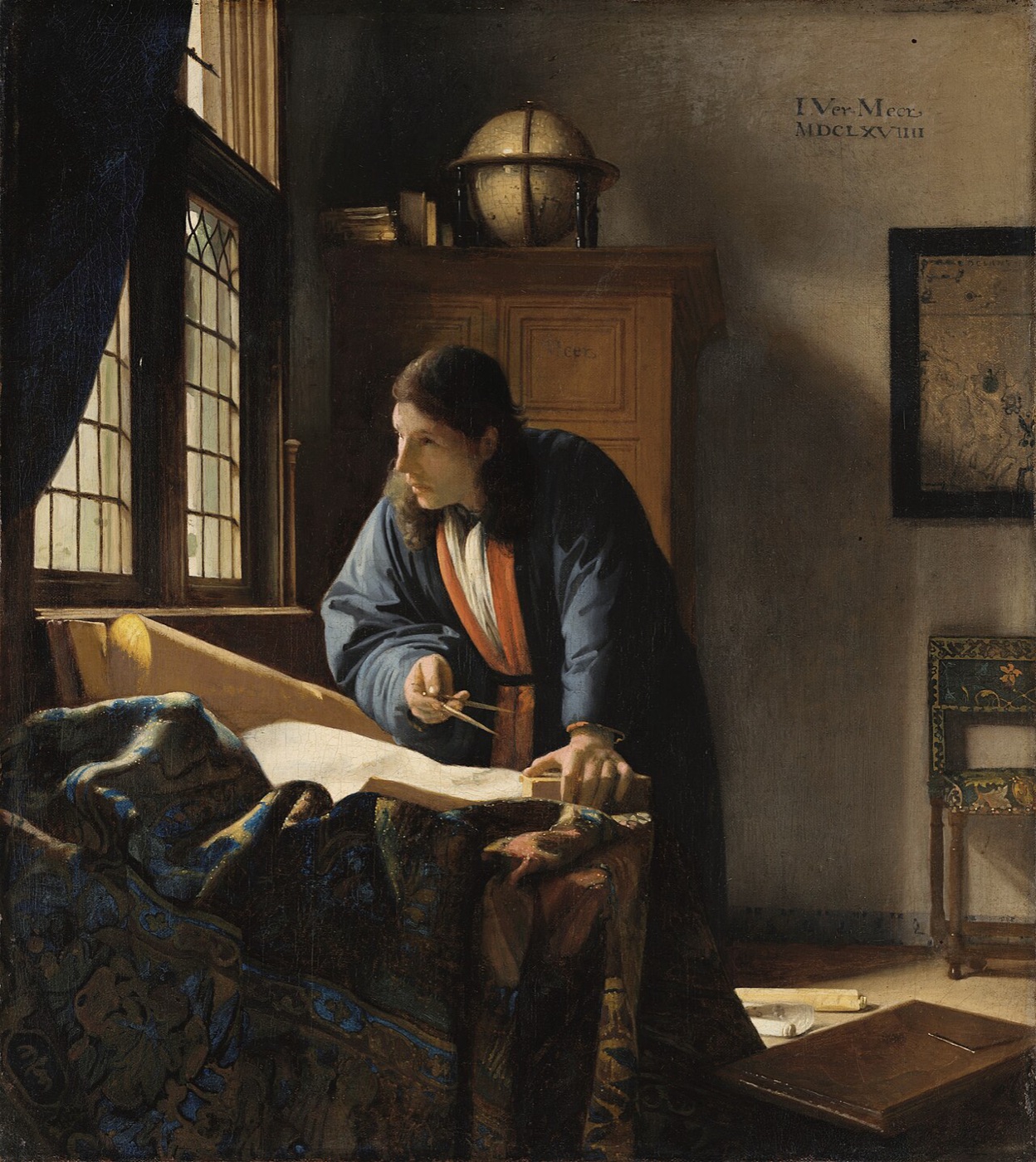 The Geographer, Johannes Vermeer, 1669 — a scholar in a long robe stands at a table with a chart, a compass in hand, light from a window falling on his work.